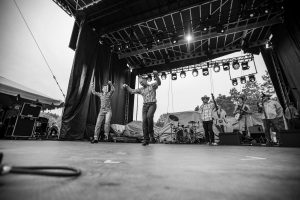 Wild Goose Chase Cloggers at Blue Ox 2023, duet in black and white